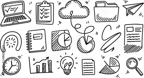 Hand Drawn Business and Office Doodle Icon Set. Sketch of Finance, Management, and Productivity Elements, Vector illustration