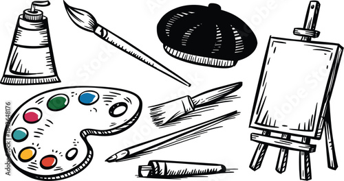Hand Drawn Art Supplies and Painting Tool Set, Vector Illustration