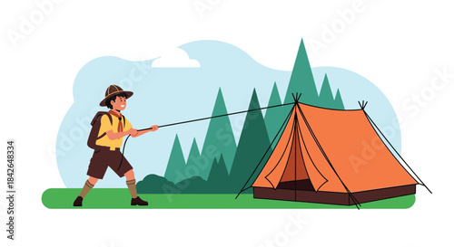 A young boy scout in his uniform works hard to set up an orange tent at a campsite with a lush green forest background.