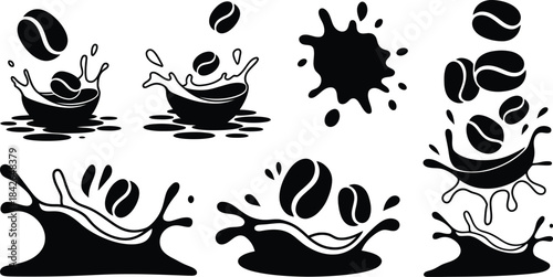 Coffee splash, cup and beans silhouette vector icon set