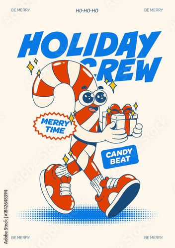 Retro cartoon candy cane mascot Christmas poster with gift and bold typography