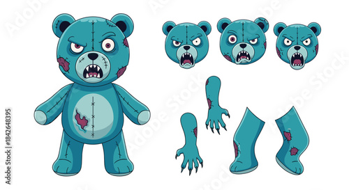 A character creation sheet for a scary zombie teddy bear, showing its full body, various angry expressions, and detached limbs.