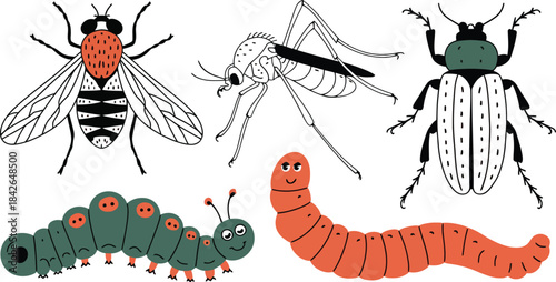 Hand drawn insect and bug set with mosquito fly beetle and caterpillar doodle vector illustration 