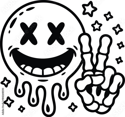 Dripping Smiley with Skeleton Peace Sign T-Shirt Design