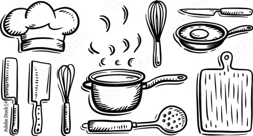 Hand drawn kitchen utensil set with chef hat pan and knife doodle vector illustration