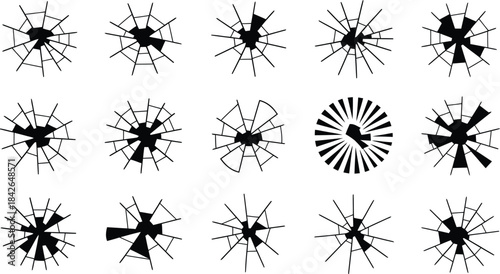 Broken glass crack and bullet hole silhouette set with shattered window vector illustration