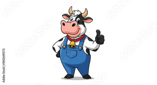 A friendly and confident cartoon cow wearing blue farmer overalls and a bell gives an enthusiastic thumbs-up gesture.