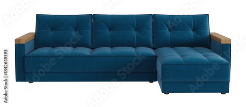 Blue sectional sofa with wooden armrests isolated on a transparent background couch 1