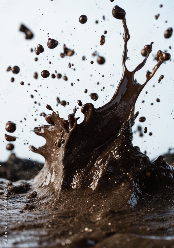Fototapeta premium Dramatic mud water splashes midair in high-speed motion, dark brown droplets suspended. Use: nature documentary intro, environmental awareness.