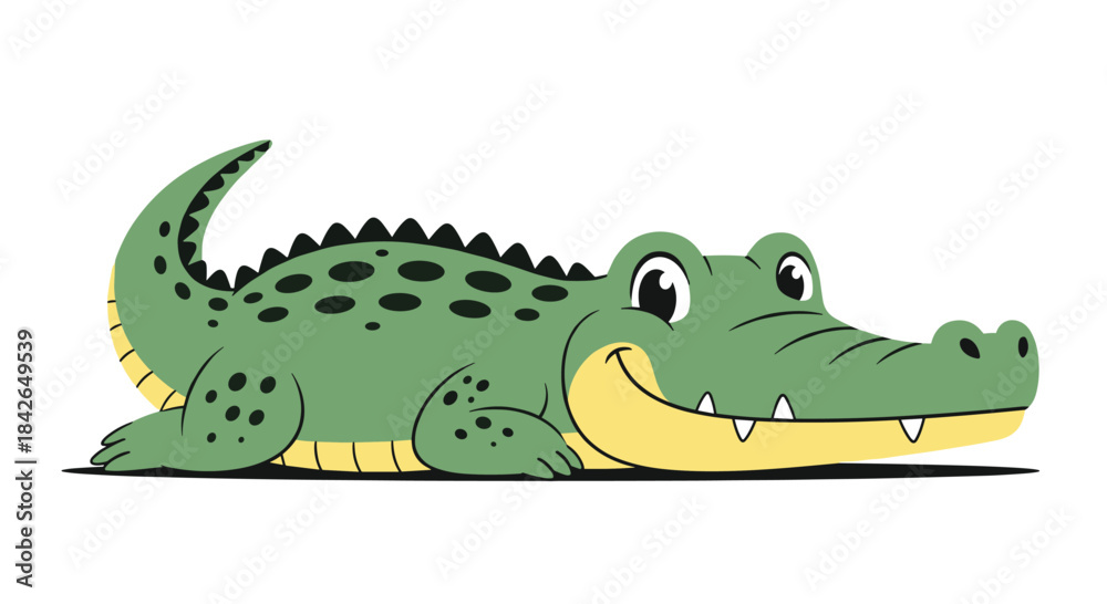 Fototapeta premium A friendly and cheerful green cartoon crocodile with a yellow belly lies on the ground with a big, happy toothy smile.