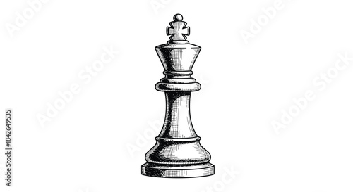 A classic and detailed hand-drawn sketch of a king chess piece in a vintage black and white engraving art style.