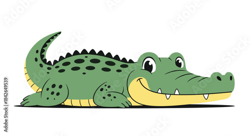 A friendly and cheerful green cartoon crocodile with a yellow belly lies on the ground with a big, happy toothy smile.