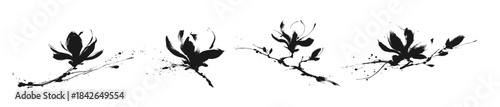 Hand painted oriental asian magnolia icons set in traditional black ink brush stroke drawing style