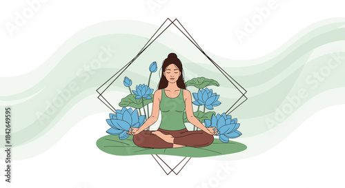 A serene illustration of a woman in the lotus yoga pose meditating peacefully among blooming blue lotus flowers.