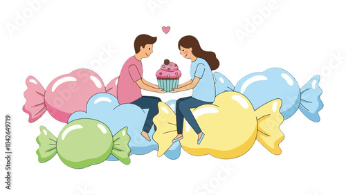 Sweet Sharing: A loving couple enjoys a delightful moment, sitting amidst colorful candies, tenderly sharing a delectable cupcake