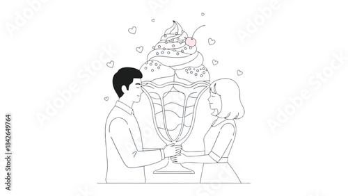Sweet Temptation: A tender illustration depicts a couple sharing a towering ice cream sundae, symbolizing love, sweetness, and shared indulgence. 
