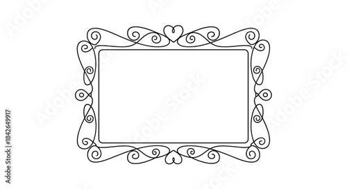 Elegant hand-drawn rectangular frame with ornate swirls and heart details in a simple black and white doodle vector illustration style.