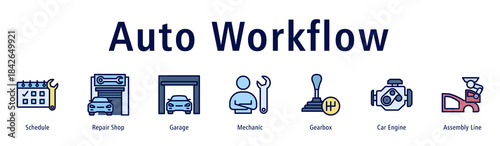 Auto Workflow web banner icon vector illustration with icons of Schedule, Repair Shop, Garage, Mechanic, Gearbox, Car Engine and Assembly Line.