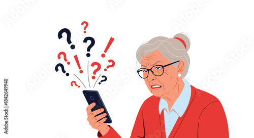 Frustrated elderly woman with glasses looking at a smartphone with a confused and angry expression with question marks and exclamation points.