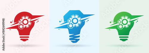Light bulb gear swoosh logo idea innovation technology energy modern brand icon
