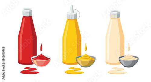 Classic set of condiment bottles featuring red ketchup yellow mustard and white mayonnaise with sauce portions in small bowls.