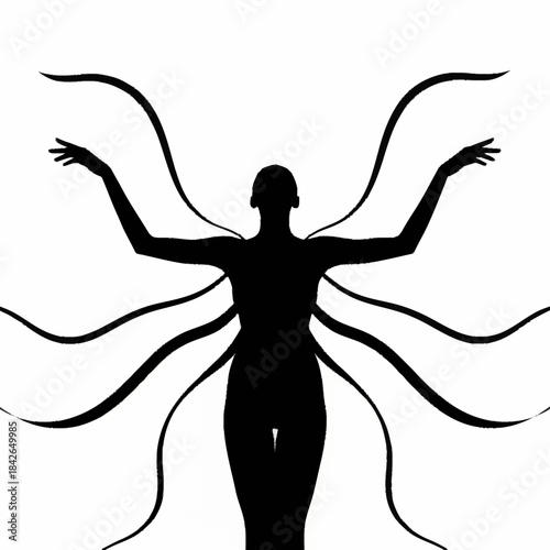 Mysterious silhouette figure with flowing abstract lines and outstretched arms.