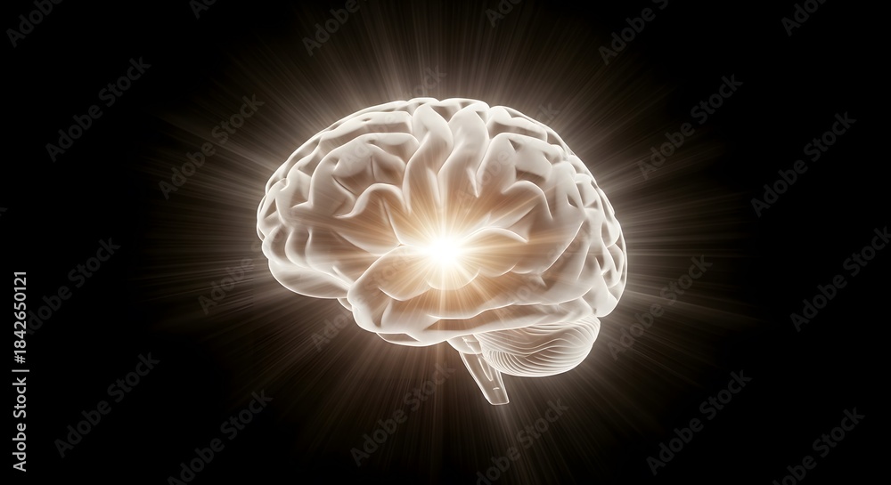 Fototapeta premium 3D render of a human brain with a bright, luminous glow emanating from the center on a black background, symbolizing genius, idea, or mental health.