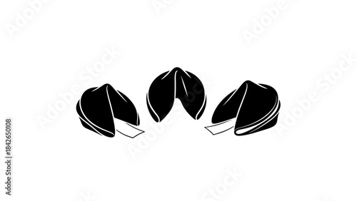 Silhouette of three black fortune cookies with paper slips on white background  