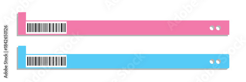 Set of paper event bracelet templates. Admission wristband for concert, festival, cinema, party, disco entrance on transparent background. Patient identification headband. Vector illustration.