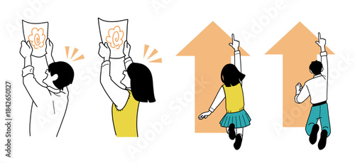 目標に手を伸ばす子どもたちの成長イラストセット