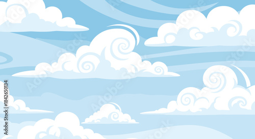 Stylized cartoon background of a beautiful blue sky filled with fluffy white clouds featuring decorative swirl patterns.