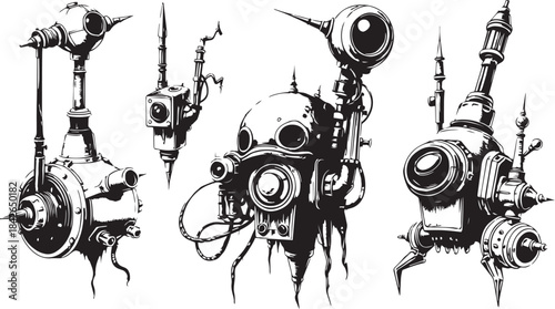 Mechanism set, retro, vintage, steampunk, cyberpunk, decorative elements. Ideal design for social media, cover, banner, flyer, music, ads.