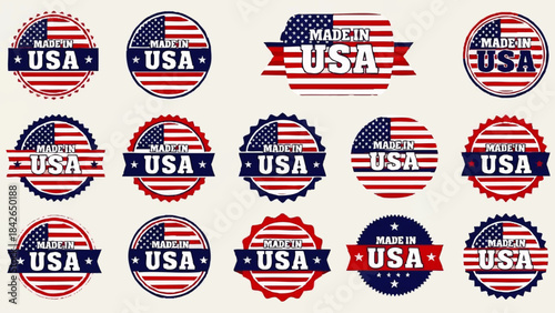 Made in USA Badges Patriotic Emblems Vector Set American Flag Stickers