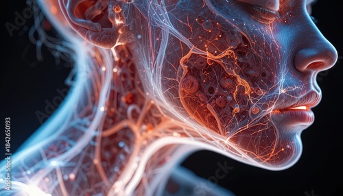 Stunning anatomical rendering of a human face showcasing intricate neural networks and blood vessels, perfect for medical illustrations or science visualizations