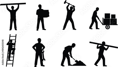 Silhouette construction workers performing labor tasks including lifting, carrying, digging, climbing, hammering, and transporting materials, representing 
