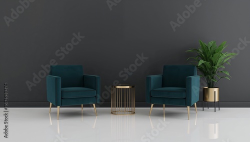 A modern minimalist interior with dark teal armchairs, a metallic gold side table, a green indoor plant in a gold pot, a glossy white floor, creating an elegant, balanced, and sophisticated design.