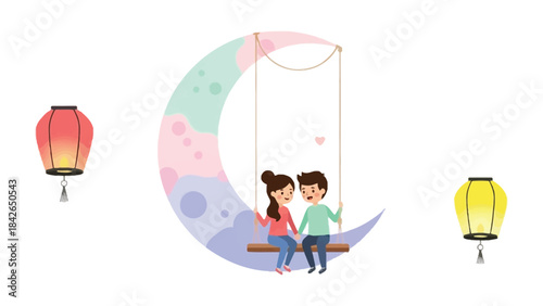 Romantic Moonlit Swing: A tender moment of love, two figures in embraces, gracefully sway on a swing suspended from a whimsical crescent moon, lanterns adding a touch of romance to the dreamy setting.