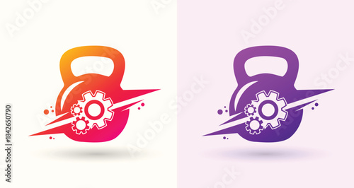 Kettlebell gear swoosh logo fitness gym training strength sport modern brand icon

