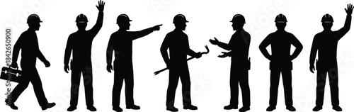 Silhouette construction workers standing, pointing, waving, communicating and holding tools, representing teamwork labor industry collaboration job site interaction and professional workplace 