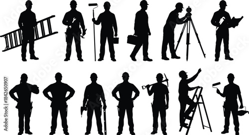 Silhouette construction workers using tools ladders surveying equipment and performing various labor tasks representing industry maintenance teamwork professional skills occupational activities and 