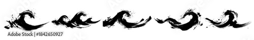 Abstract ocean wave shapes in expressive black ink brush strokes inspired by traditional Asian painting