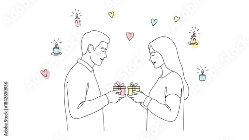 Gift Exchange of Love: In a gentle scene, a man and woman share gifts, surrounded by symbols of affection, illustrating the tender bonds of love and connection. 