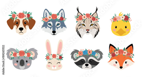 Charming collection of cute forest and domestic animal portraits each adorned with a beautiful and delicate flower crown.