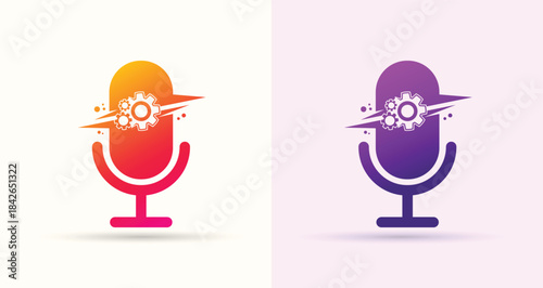 Microphone gear swoosh logo podcast audio broadcast media technology modern brand icon
