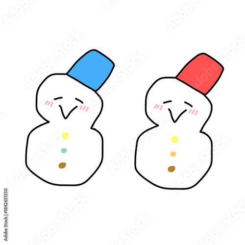 かわいい笑顔の仲良し手書き風雪だるま（赤と青のバケツ）