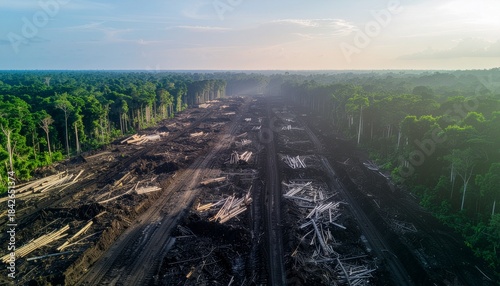 Aerial drone footage reveals extensive deforestation, showing cleared forests and barren land, impact of human activity on nature