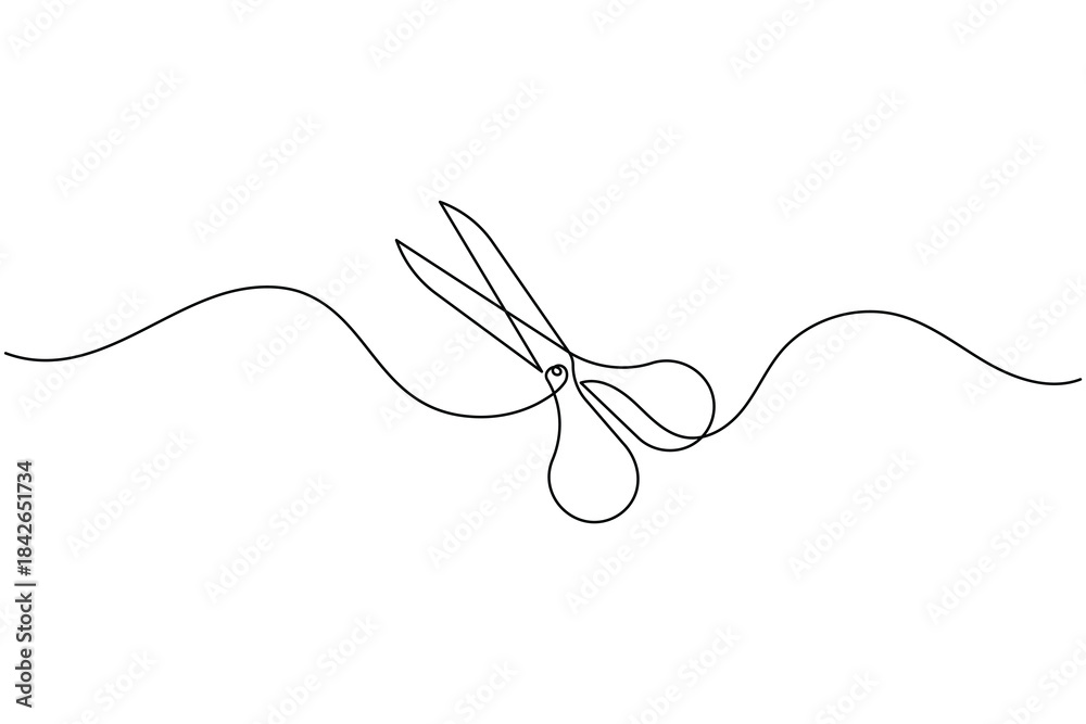 Obraz premium Continuous single line drawing of scissors cutting a wavy line on a white background