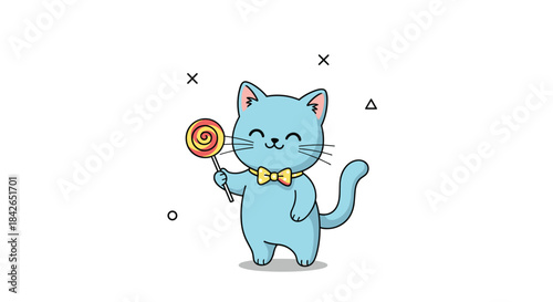 An adorable cartoon of a happy blue cat wearing a yellow bow tie and holding a colorful swirl lollipop with a smile.