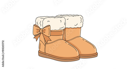 Cute and cozy pair of brown winter boots with soft white fur lining and a decorative bow on the side for warmth.