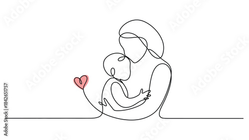 Minimal one-line drawing of a mother lovingly holding her baby with a small heart accent, symbolizing maternal love, care, bonding, and family connection.